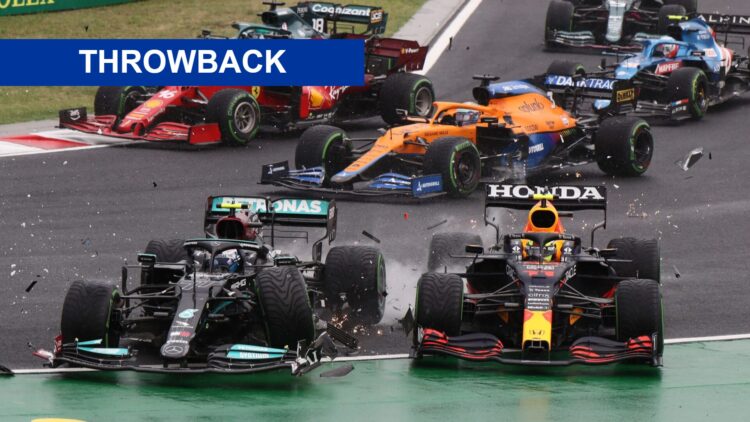 Valtteri Bottas and Sergio Perez crash in Hungary, with a throwback banner