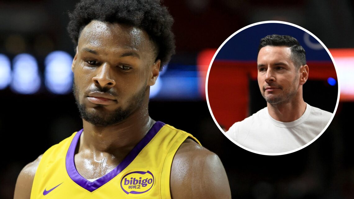 Bronny James (left) walks on the court for the LA Lakers, and JJ Redick (right) Head Coach of the LA Lakers looks on