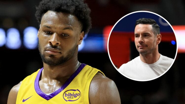 Bronny James (left) walks on the court for the LA Lakers, and JJ Redick (right) Head Coach of the LA Lakers looks on