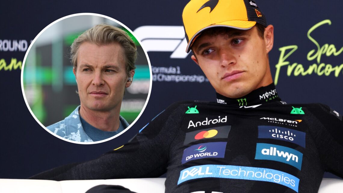 Lando Norris (right) in a press conference, and Nico Rosberg (left) on the grid at the Canadian Grand Prix