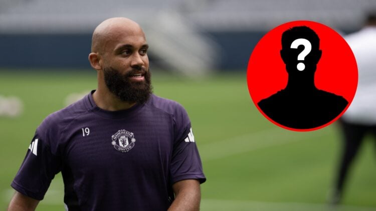 Bryan Mbeumo looks on during a Manchester United training session alongside a mystery player image