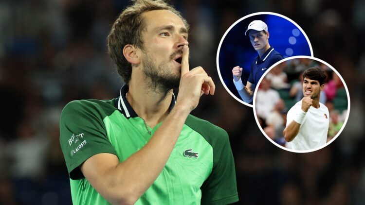 Danil Medvedev shushing the crowd at a tennis event with insets of Jannik Sinner and Carlos Alcaraz