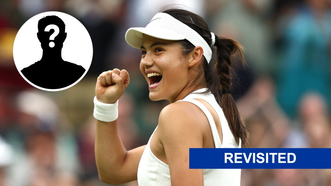 Emma Raducanu celebrating defeating Elise Mertens at Wimbledon 2024