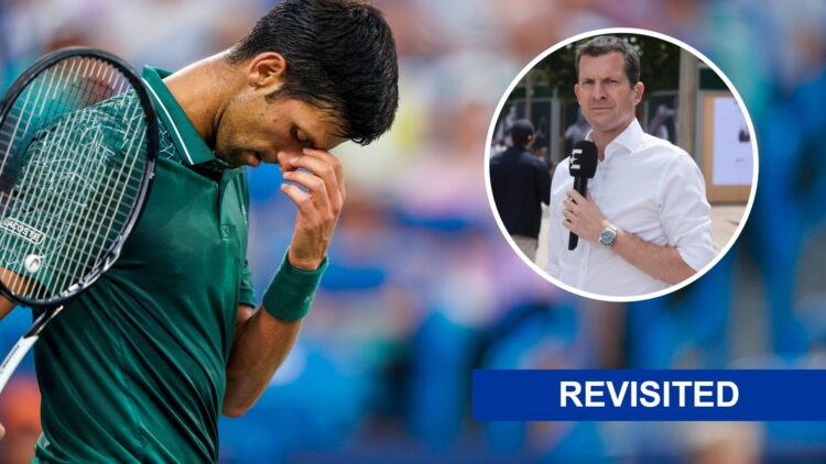 Novak Djokovic looking defeated on the court with an inset of Tim Henman