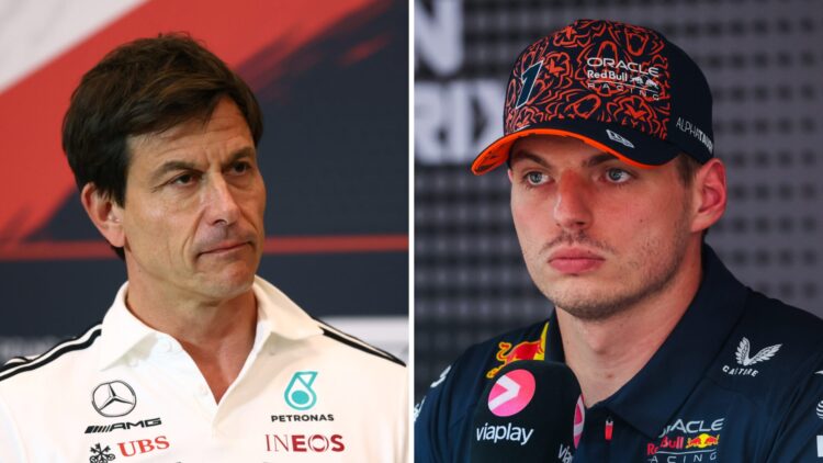 A split image featuring Mercedes Team Principal Toto Wolff looking on alongside Red Bull driver Max Verstappen