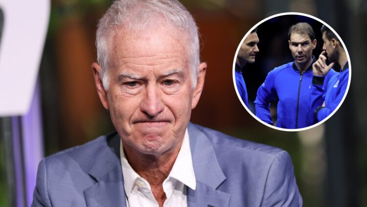 John McEnroe speaking at a conference with an inset of Roger Federer, Rafael Nadal, and Novak Djokovic