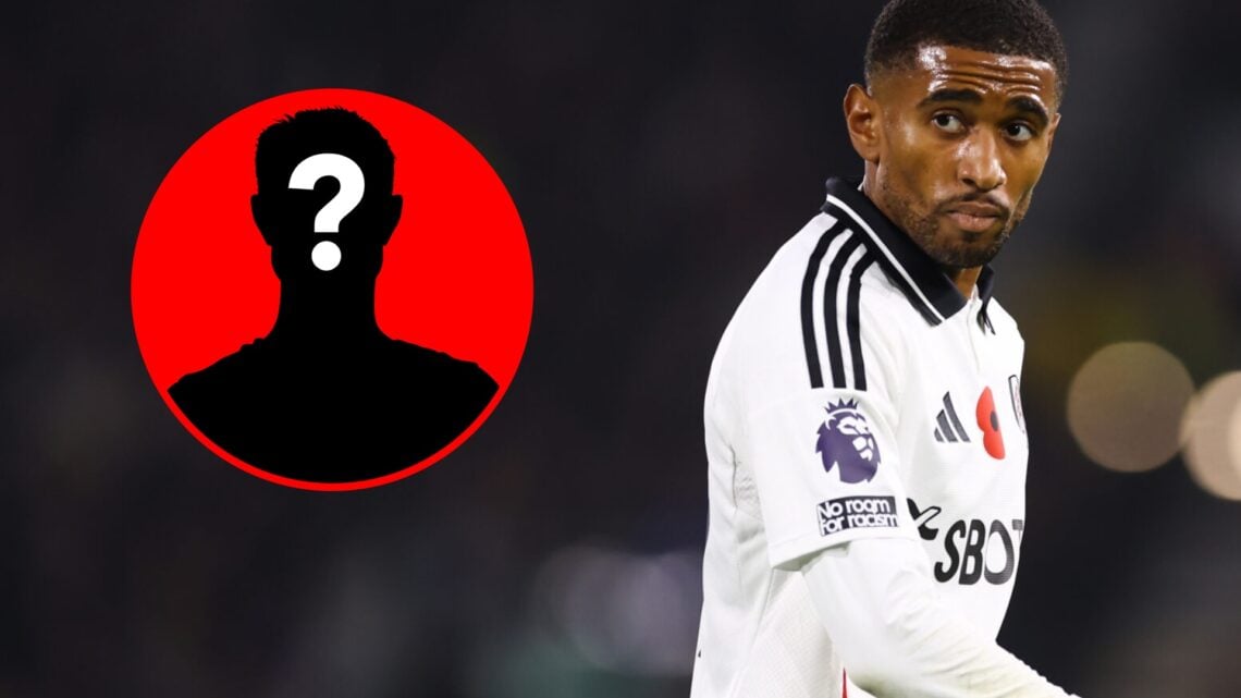Reiss Nelson looks on during a match between Fulham and Brentford next to a mystery player inset