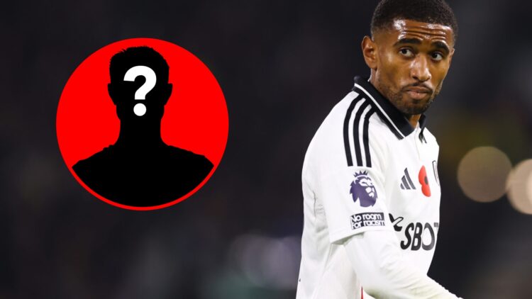 Reiss Nelson looks on during a match between Fulham and Brentford next to a mystery player inset