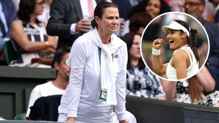Pam Shriver at Wimbledon in 2025 with an inset of Emma Raducanu