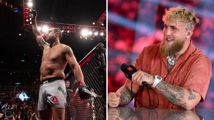 Jake Paul (left) speaks during broadcast, Vitor Belfort (right) enters the Octagon