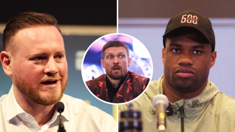 Daniel Dubois (right) looks on during the 'Undisputed' press conference at Wembley Stadium, Oleksandr Usyk (middle) looks on during the 'Undisputed...