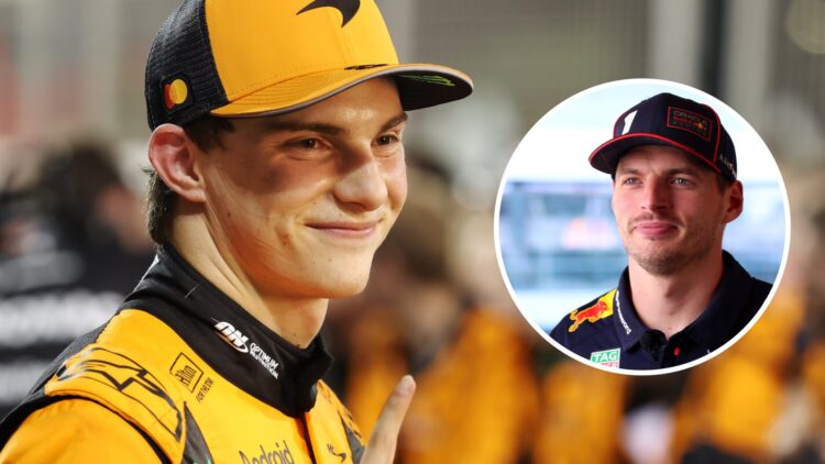 Oscar Piastri (left) celebrates winning the Bahrain Grand Prix, and Max Verstappen (right) of Red Bull looks on