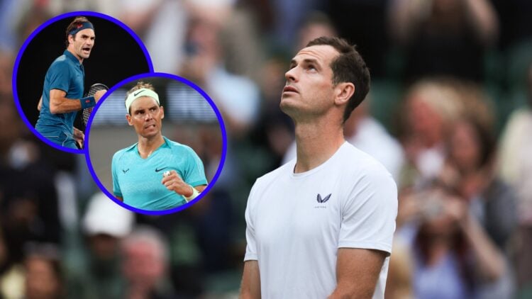 Andy Murray playing tennis at Wimbledon with insets of Rafael Nadal and Roger Federer