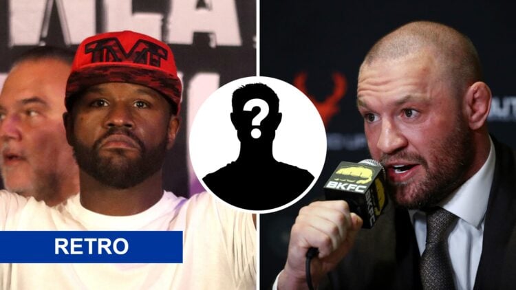 Conor McGregor (right) interacts with media after BKFC 70 Hollywood at Hard Rock, Floyd Mayweather (left) makes peace sign at press conference