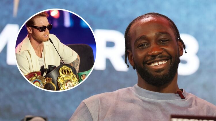 Terence Crawford (right) speaks onstage during the Canelo Álvarez vs. Terence Crawford Las Vegas Press Conference, Canelo Alvarez (left) speaks ons...