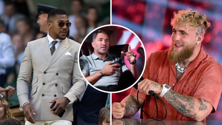 Eddie Hearn (middle) Chairman of Matchroom Boxing, talks with the media after a press conference, Jake Paul (right) speaks at event, Anthony Joshua...