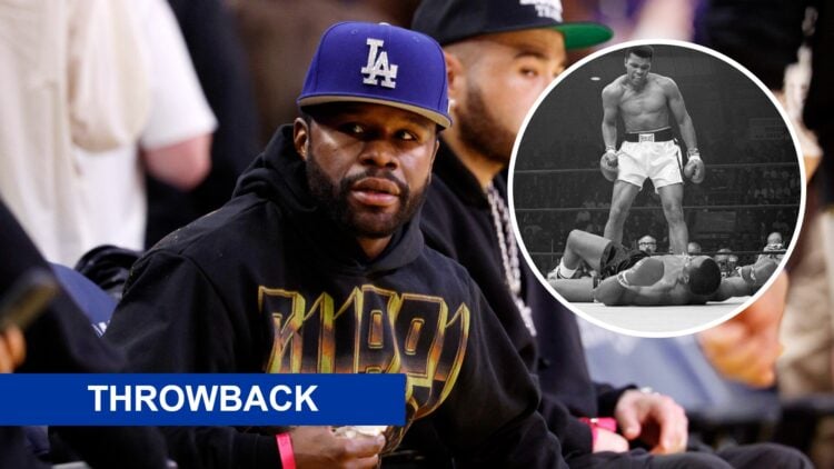 Floyd Mayweather (right) attends basketball game, Muhammad Ali (left) stands over Sonny Liston and taunts him to get up