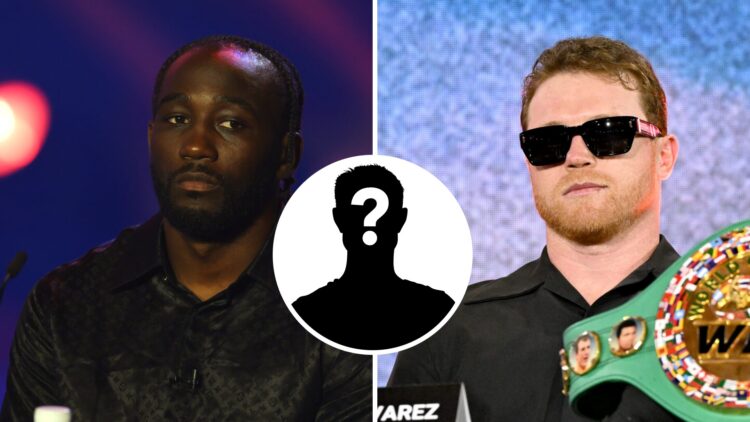 Terence Crawford (left) attends the press conference prior to the super middleweight title fight, Canelo Alvarez (right) attends the press conferen...