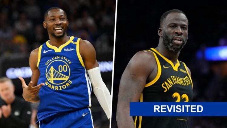 Jonathan Kuminga (left) and Draymond Green (right) of the Golden State Warriors