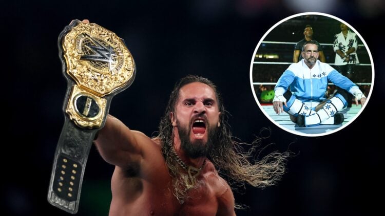 Seth Rollins (left) celebrates after cashing-in Money in the Bank, CM Punk (right) enters the ring during SummerSlam