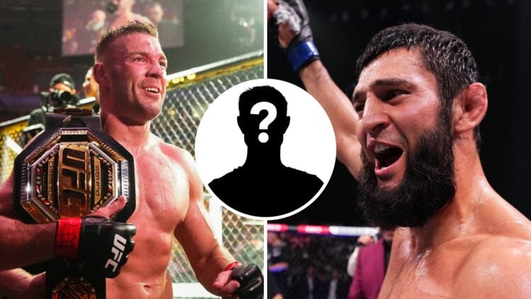 Khamzat Chimaev (right) reacts after a submission victory against Robert Whittaker, Dricus Du Plessis (left) celebrates with belt