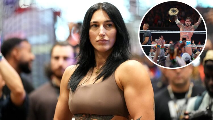 Rhea Ripley at Fanatics Festival in 2025 with an inset of CM Punk winning the World Heavyweight Championship at WWE SummerSlam
