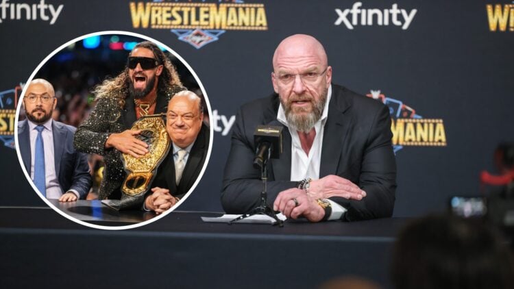 Triple H at the WrestleMania 41 post-show and Seth Rollins celebrating his WWE SummerSlam win