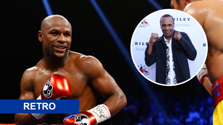 Floyd Mayweather Jr (left) throws punch against Manny Pacquiao, Sugar Ray Leonard (right) poses for a photo on the red carpet