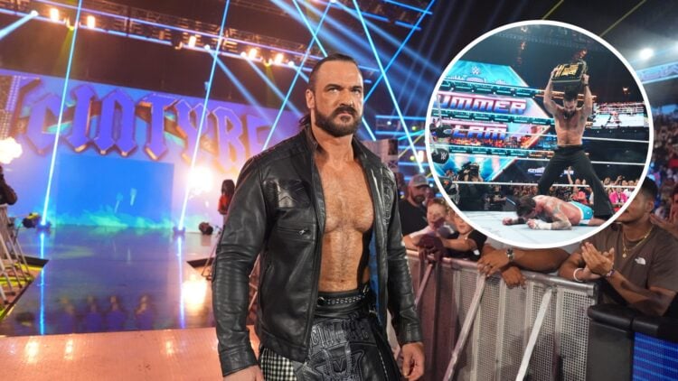 Drew McIntyre making his entrance on WWE SmackDown with an inset of Seth Rollins attacking CM Punk at SummerSlam