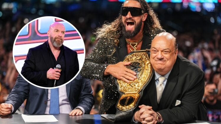 Seth Rollins and Paul Hyeman on the WWE SummerSlam post-show with an inset of Triple H
