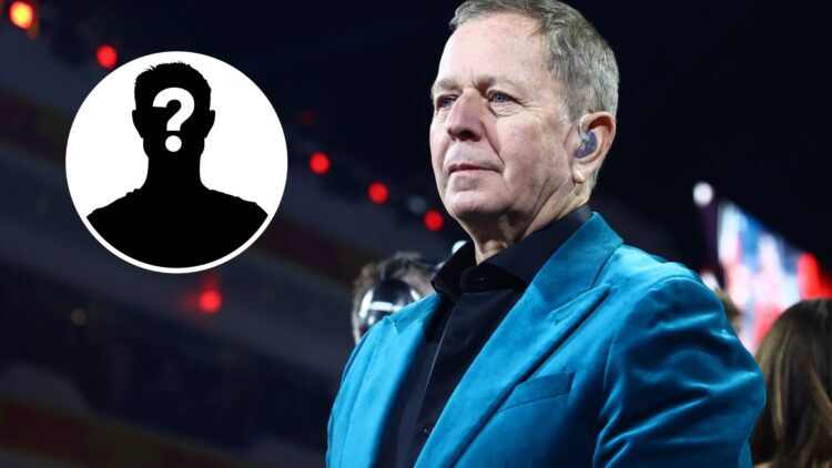 Martin Brundle at the F1 Las Vegas Grand Prix 2023 next to a mystery inset