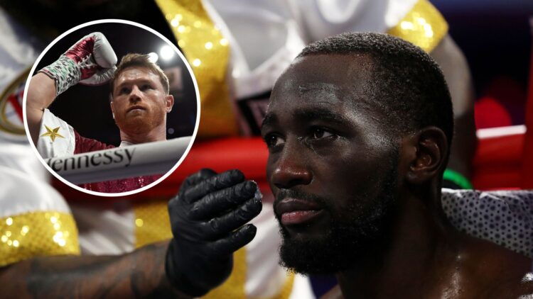 Canelo Alvarez (left) arrives for his light-heavyweight world title boxing match against Russian boxer Dmitry Bivol, Terence Crawford (right) looks...