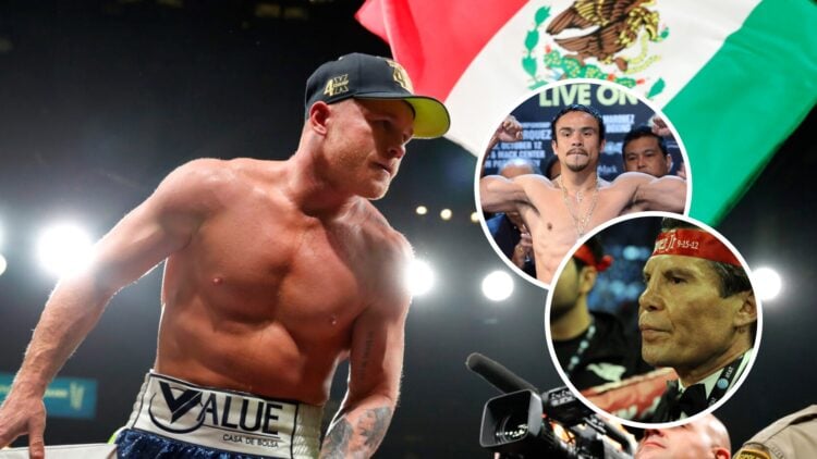 Julio Cesar Chavez Sr. (bottom right) awaits the fight decision in the corner of Julio Cesar Chavez Jr., Canelo Alvarez (left) celebrates, Juan Man...