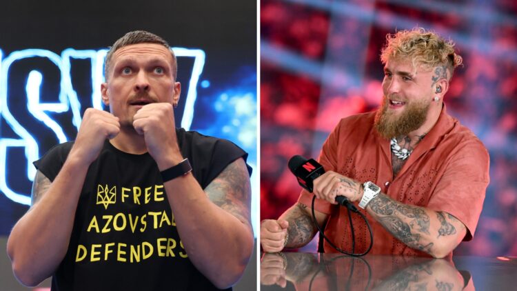 Oleksandr Usyk trains during the 'Undisputed' media workout at BOXPARK Wembley, Jake Paul laughs during a press conference