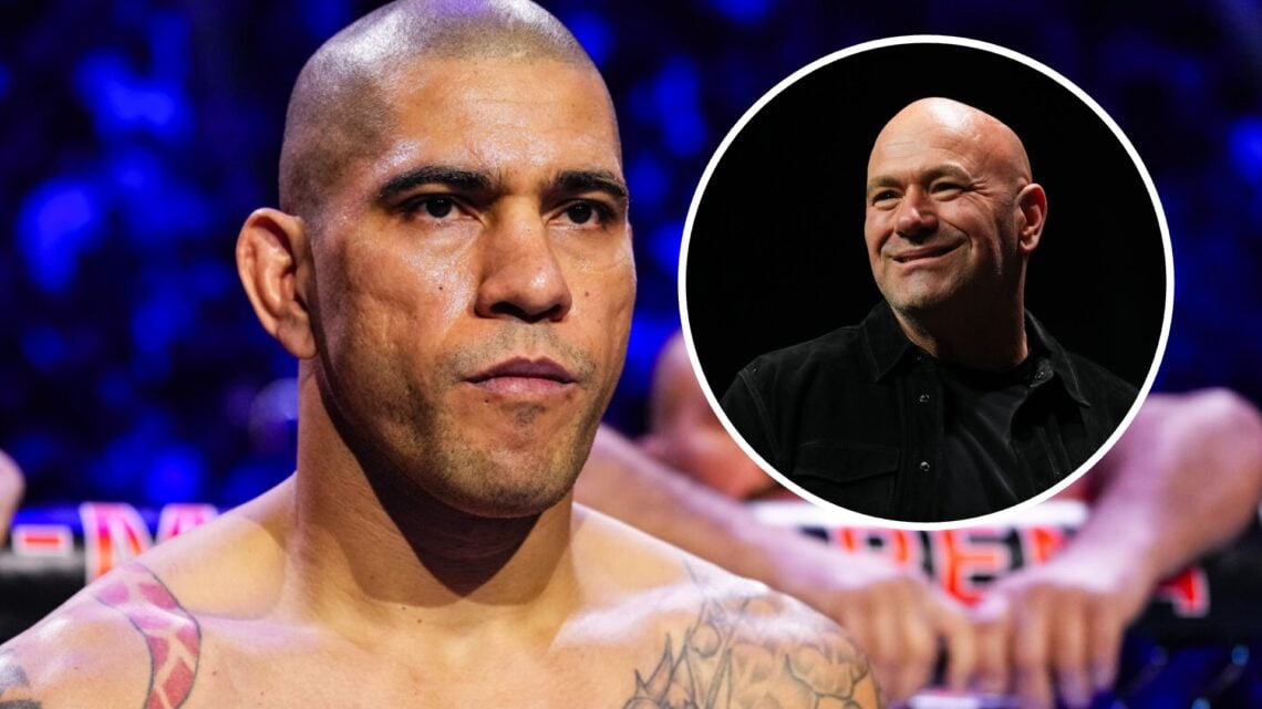 Alex Pereira in the UFC octagon ahead of his light-heavyweight title fight with Magomed Ankalaev at UFC 313. Inset: Dana White appears on stage dur...
