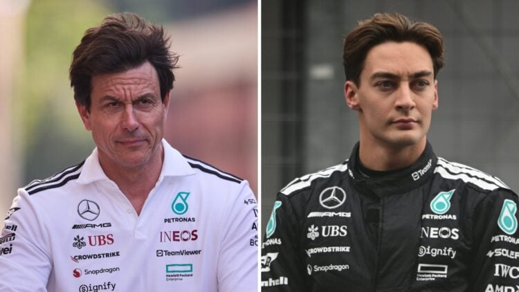 A split image featuring Mercedes duo Toto Wolff and George Russell
