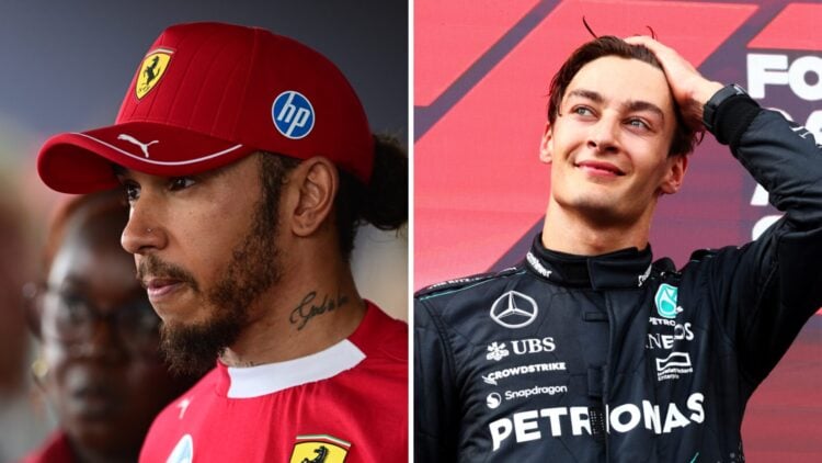 Lewis Hamilton (left) of Ferrari speaks to the media, George Russell (right) of Mercedes stands on the podium