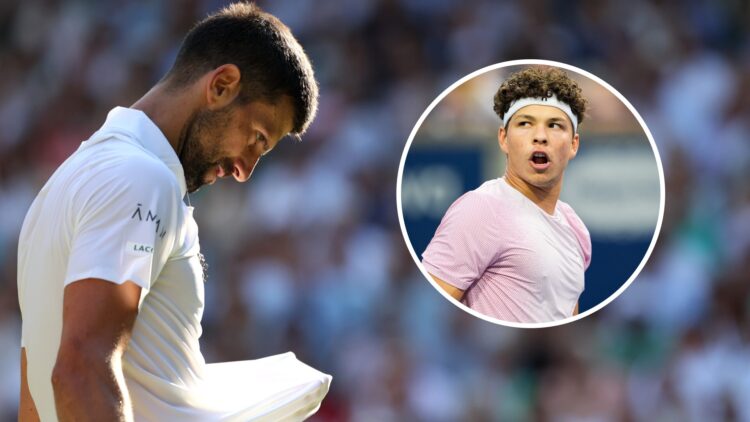 Novak Djokovic playing Jannik Sinner at Wimbledon 2025 with an inset of Ben Shelton