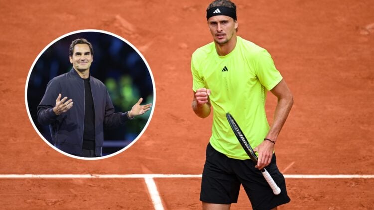 Alexander Zverev playing at the 2025 Roland Garros with an inset of Roger Federer