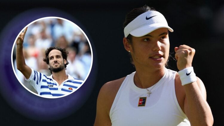 Emma Raducanu celebrating a point at Wimbledon 2025 with an inset of Feliciano Lopez at Queen's