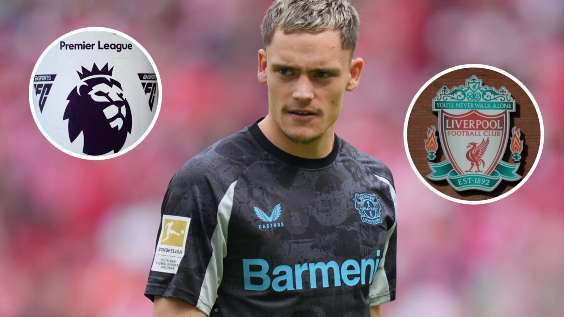 Florian Wirtz in action for Bayer Leverkusen against Mainz, an inset of the Premier League logo and a detailed view of the Liverpool badge