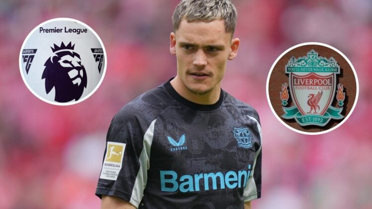 Florian Wirtz in action for Bayer Leverkusen against Mainz, an inset of the Premier League logo and a detailed view of the Liverpool badge