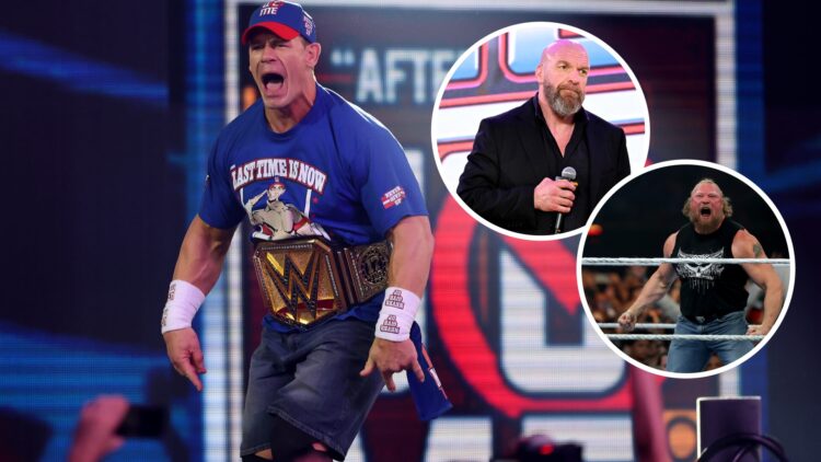 John Cena making his entrance at WWE SummerSlam with insets of Brock Lesnar and Triple H