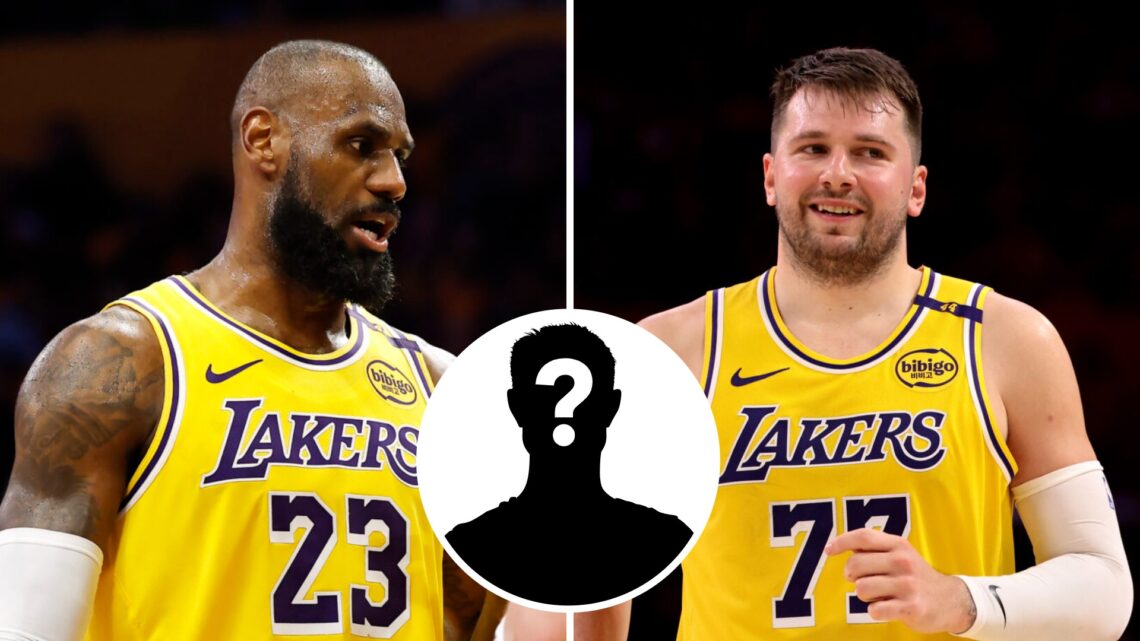 LeBron James (left) and Luka Doncic (right) of the LA Lakers, and a mystery person