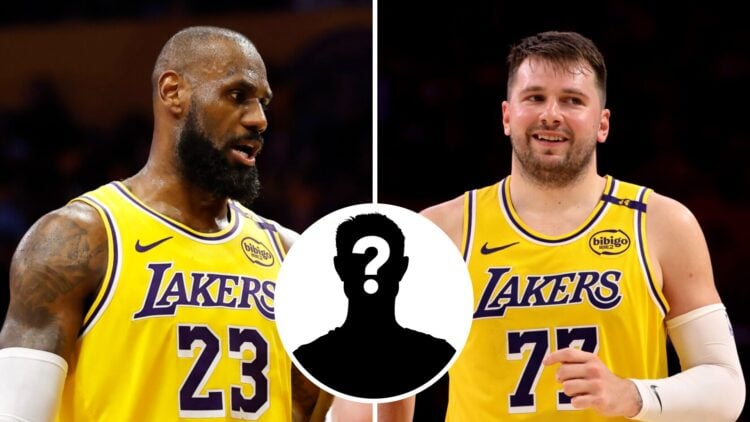 LeBron James (left) and Luka Doncic (right) of the LA Lakers, and a mystery person