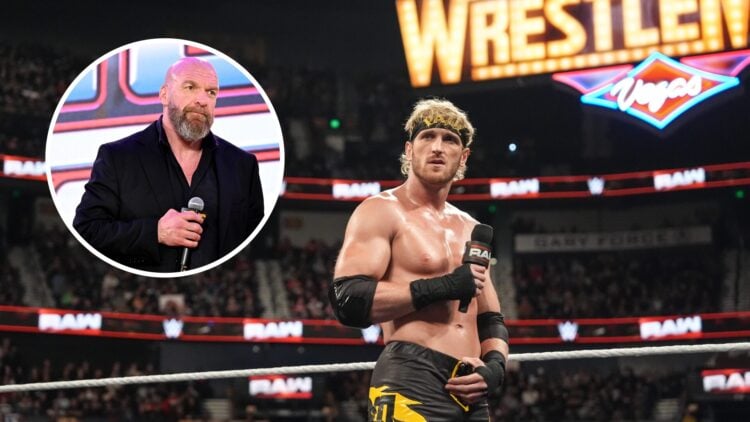 Logan Paul appearing on WWE Raw in the lead up to WrestleMania with an inset of Triple H