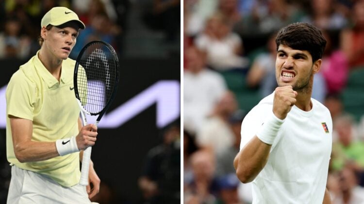 Carlos Alcaraz at Wimbledon 2025 and Jannik Sinner at the 2023 US Open