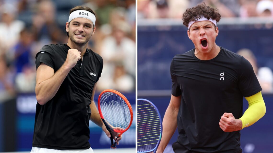 Ben Shelton at the BMW Open in 2025 and Taylor Fritz playing at the 2024 US Open