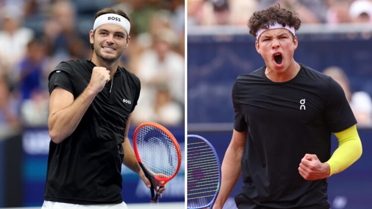 Ben Shelton at the BMW Open in 2025 and Taylor Fritz playing at the 2024 US Open