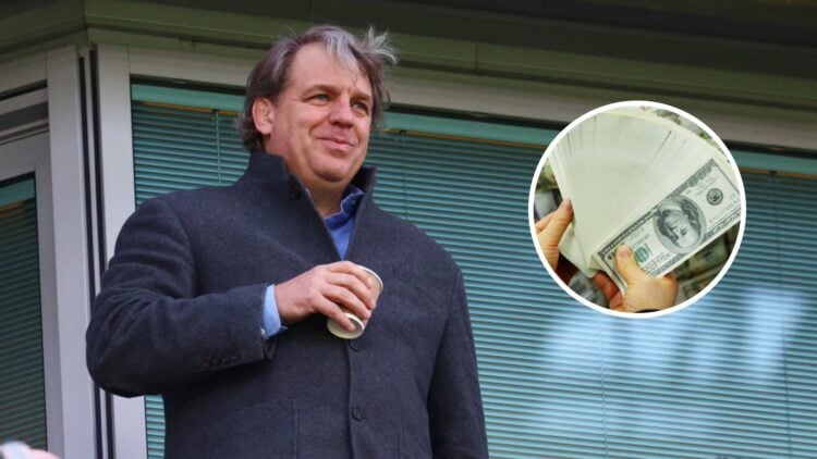 Todd Boehly of Clearlake Capital watches on as Chelsea play Real Madrid (Left). A stack of money (Right)